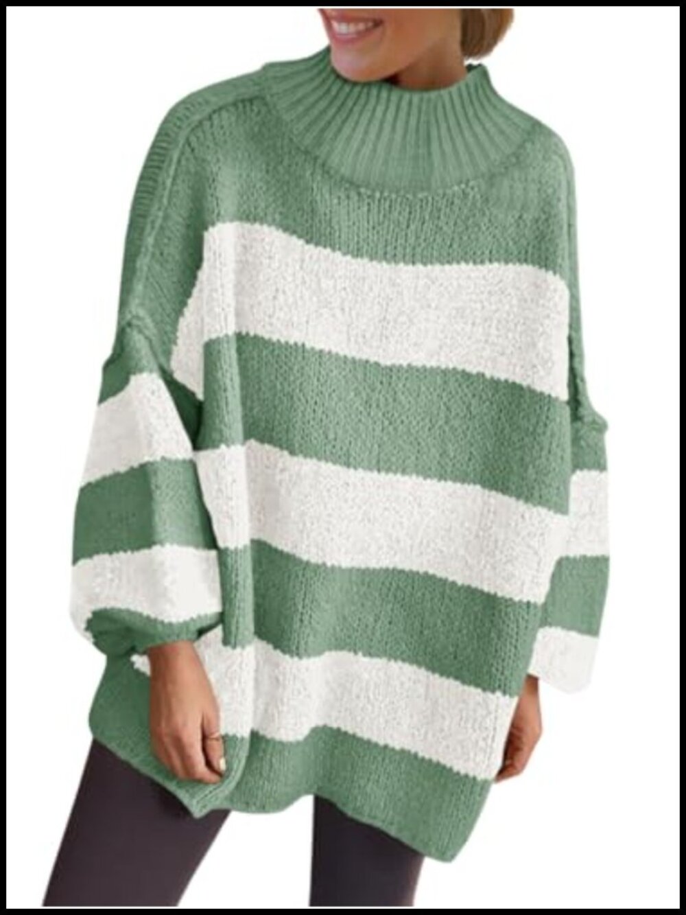 Womens Oversized Striped Chunky Sweater Mock Neck Knit Pullover Baggy Tunic